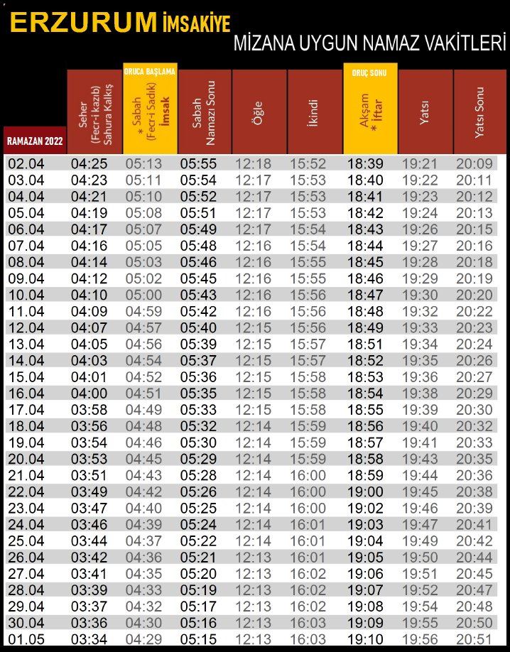 ERZURUM RAMAZAN İMSAKİYESİ